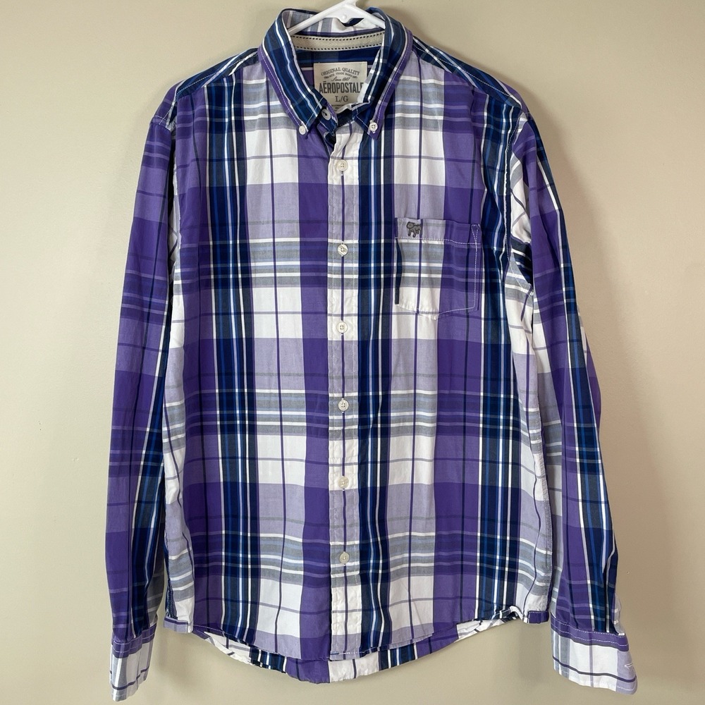 AEROPOSTALE Men's LG Purple Plaid Button Down Shirt y2k‎ Bulldog Preppy College